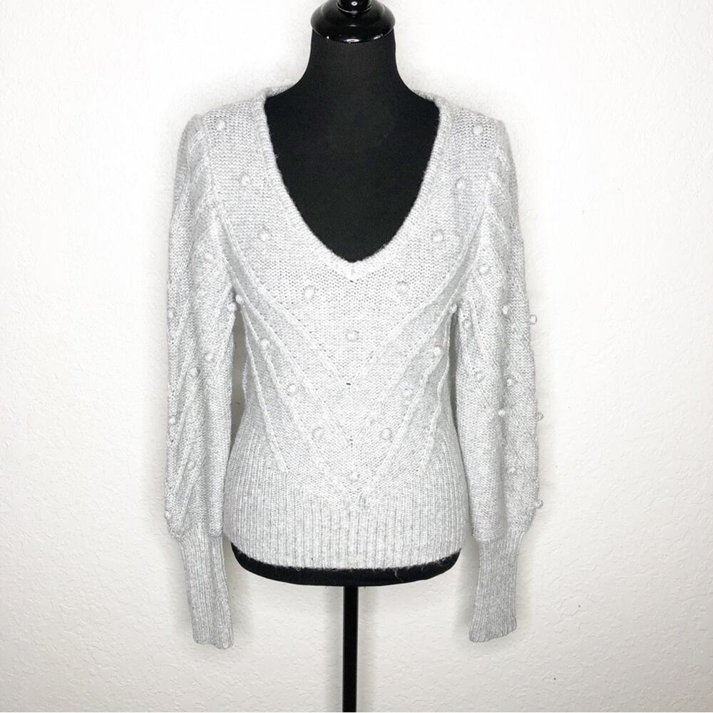 WHBM light gray chevron mixed knit v neck pom pom sweater size Small